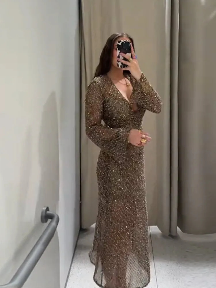 Sequin Knitted perspective Dress Bright Silk Mesh V-Neck Hollow Out Sexy Robes Waist Cinching Slimming Long Sleeve Women Dresses 250813