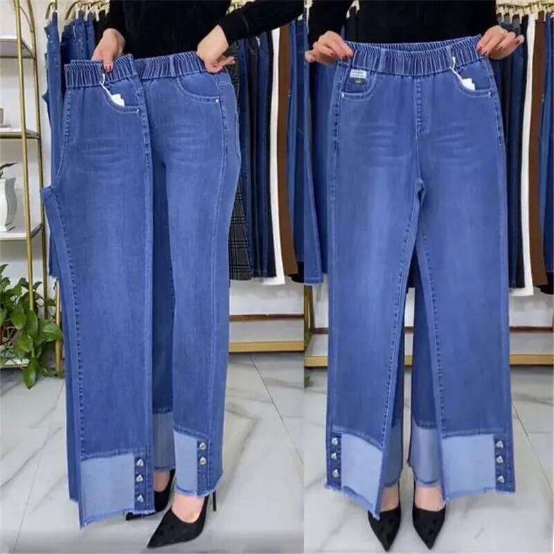 Middle-aged Women's Jeans Spring Autumn Stretch Straight Denim Pants Large Size Loose High Waist Casual Black Blue Trouser