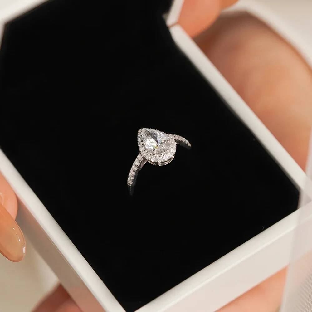 BXINY GRA Certified 1/2CT Pear Cut Moissanite Rings S925 Silver Water Drop Lab Diamond For Women Halo Wedding Bands Fine Jewelry