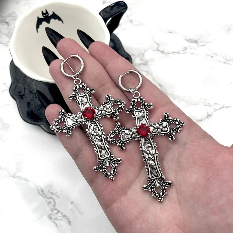 Gothic Large Silver Colour Tone Jewel Cross Earrings with Black Punk Hallowmas Jewellery Gorgeous Wedding Statement Women 250812