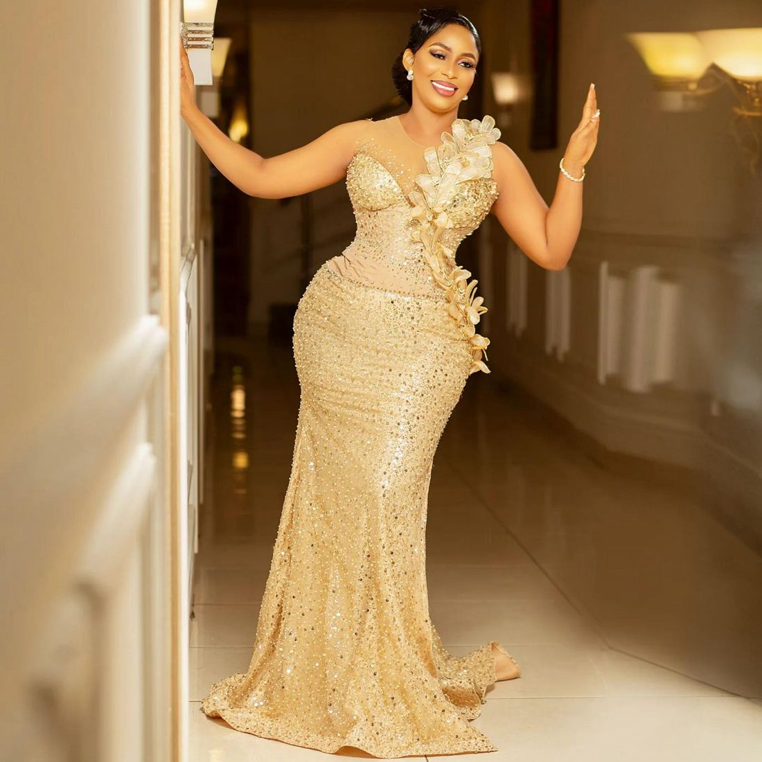 Nigeria African Aso Ebi Plus Size Prom Gold Evening Mermaid Sequin Lace Pearls Formal Birthday Dresses For Black Women Second Reception Gowns D0213