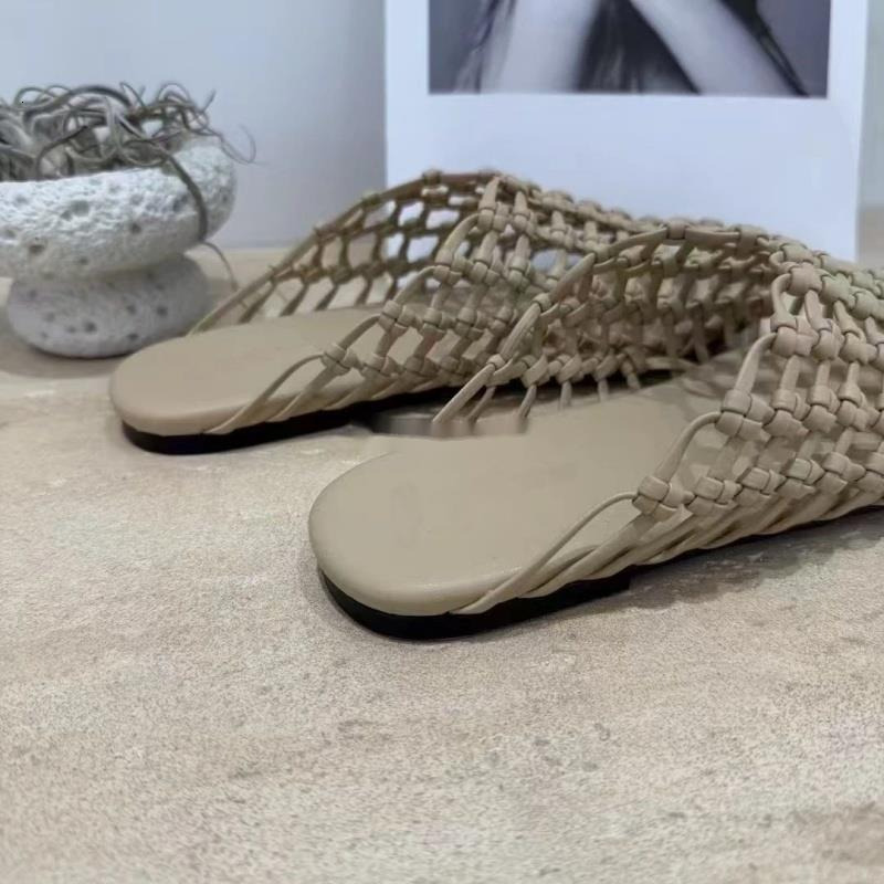 Woman Sandals Mules Sheepskin Hand-woven Mesh Breathable Hollow Fishing Net Flat-bottomed Half-slippers For Women For Summer Outdoor Round Toe Solid C