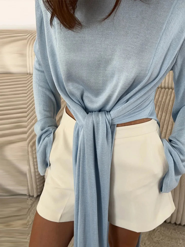 Chic Bow Lace Up Solid Sweater For Women Ribbons O-neck Full Flare Sleeve Tops 2025 Autumn Elegant Female Daily Casual Outerwear 250813