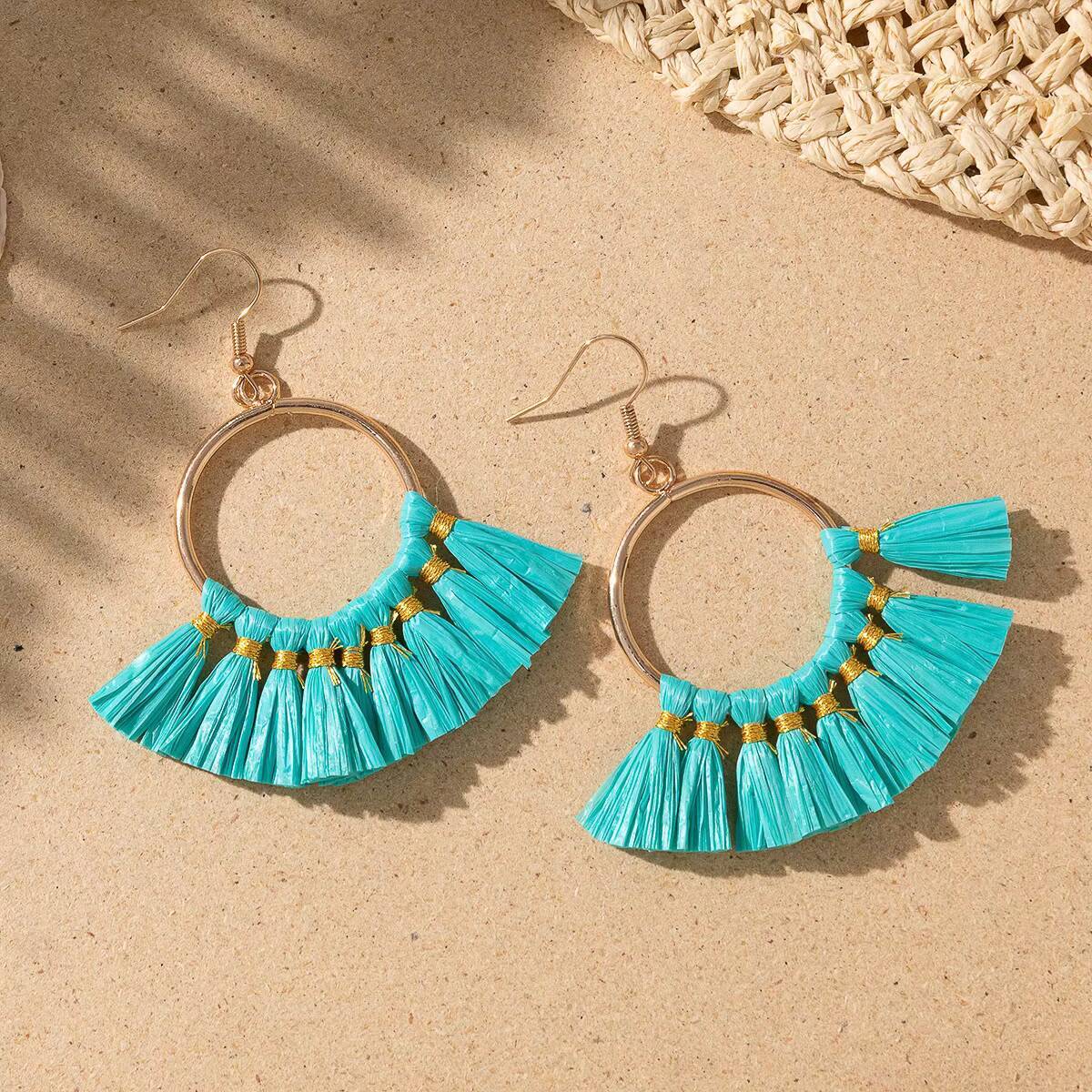 Raffia Woven Geometric Tassel Niche Exaggerated Earrings for Women Uionen 1059