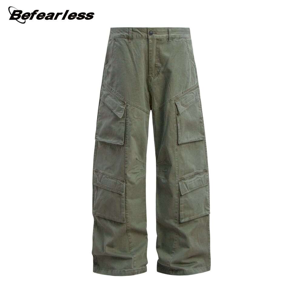 American Style Washed Vintage Scimitar Cargo Unisex Trendy Loose Niche Curved Multi-Pocket Casual Long Pants B5