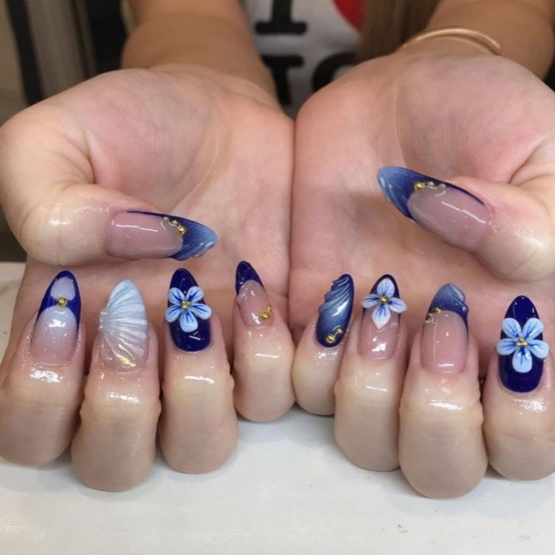 2025 Trendy Handmade Medium Al Press On 10Pcs 3D Blue Flower Design False Nails with Adhesive Glue & Nail File Set X250814