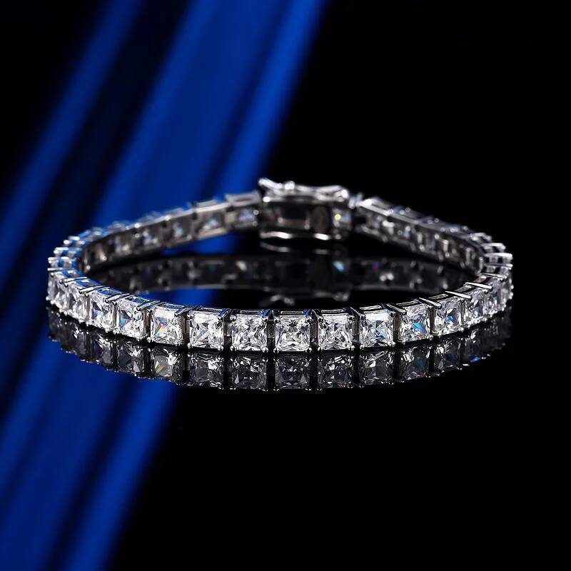 NKHOG Real 4mm Princess Cut Square Moissanite Tennis Bracelet Women Men S925 Silver Party Wedding Bangles GRA Fine Jewelry Gifts