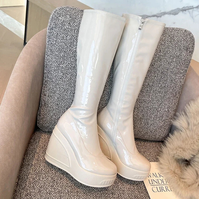 Black White Fashion Show Slope Heel Knee High Boots Womens Party Thick Heel Side Zipper Patent Leather Elastic Boots Size 34-43 250812