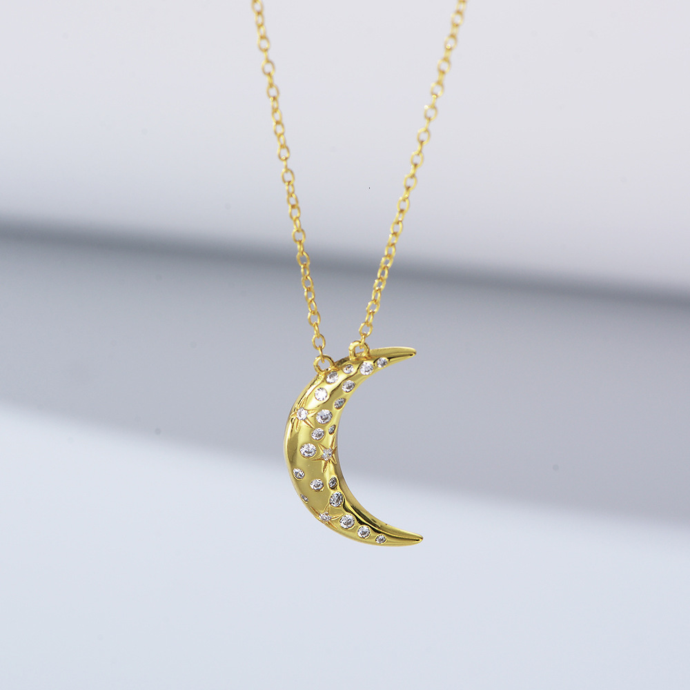 Korean Version S Pure Sier Ins Style Design Simple Versatile Inlaid Dia Moon Necklace for Women Collarbone Chain Jewelry for Women