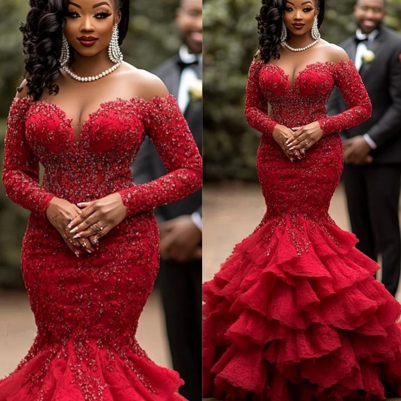 2025 Plus Size African Wedding Dress Bridal Gowns For Bride Mermaid Off Shoulder Appliqued Beaded Lace Pearls Tiered Pleat Wedding Gowns For Black Wom