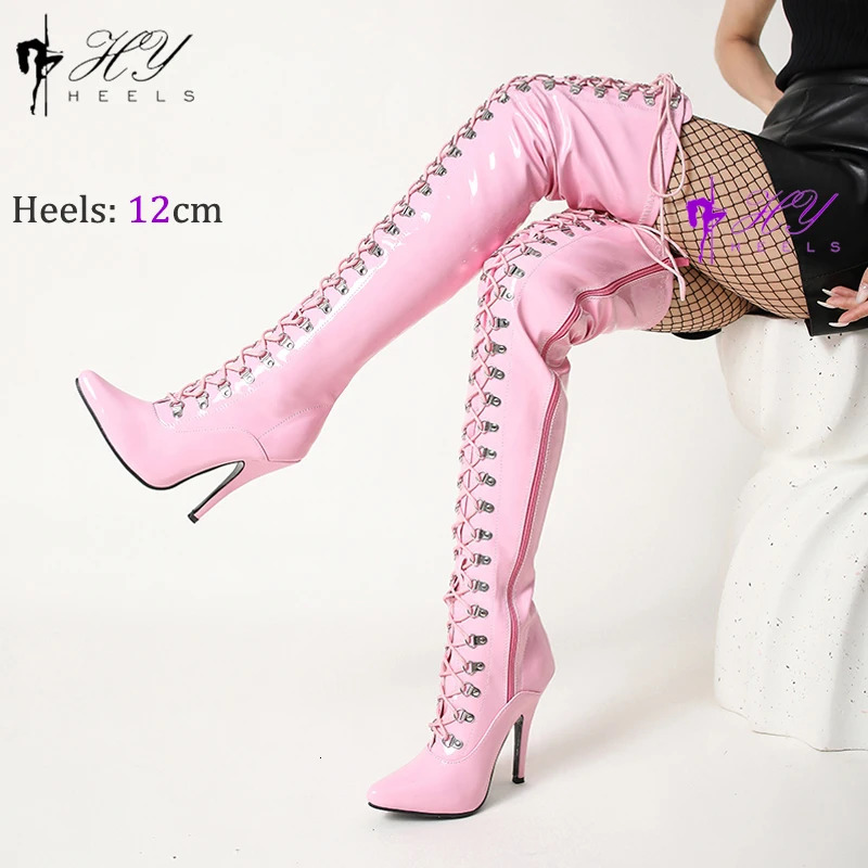 Sexy Black Over-The-Knee 12Cm/5Inchs Thigh High Boots Shiny Leather Long Stripper Women Boots High Heels Shoes Female 250812