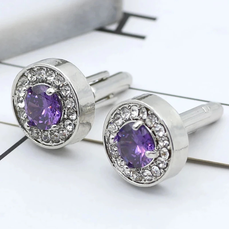 Delicate Tiny Round Cufflink For Men Boys Purple Crystal High Quality French Shirts Cuff Links Button Male Jewelry Gifts 250812