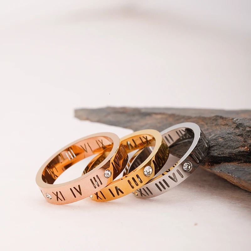 PAXA Roman Numerals Stainless Steel Rings for Women Men Fashion Elegant Cubic Zirconia Couple Wedding Party Jewelry Gifts 250811