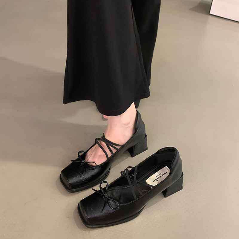 French Style Square Toe Ballet Flats Small Leather 2025 New Bowknot Shallow Mouth Chunky Heel Mary Jane Shoes for Women