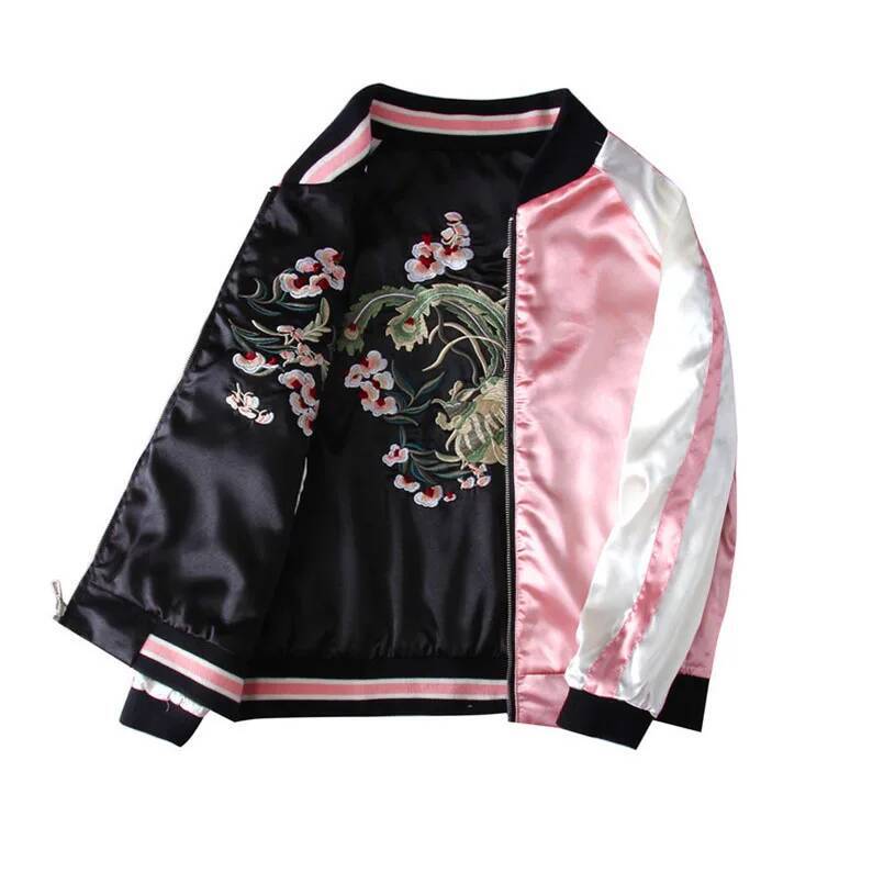 Women's Satin Sukan Embroidered Bomber Baseball Jacket 2 Double Sided Female Coat Floral Haruku Autumn Japanese Girls Z1