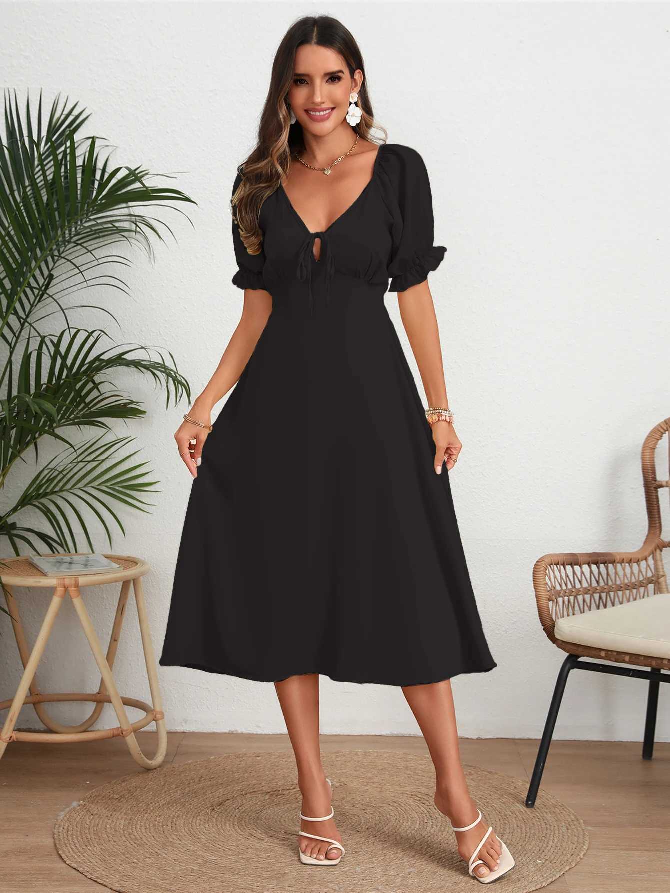 Summer Solid Color Ele Womens Dress New Back Lace Up Deep V Neck Lantern Sleeve Long Dresses XJ250814