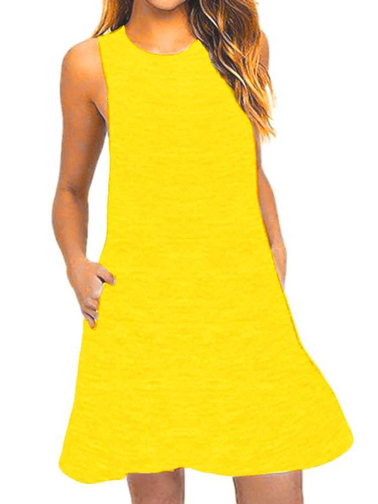 With Pocket Solid Color Sleeveless Loose Dress Women O Neck Mini Casual Dress Office Club Party Dresses XJ250814