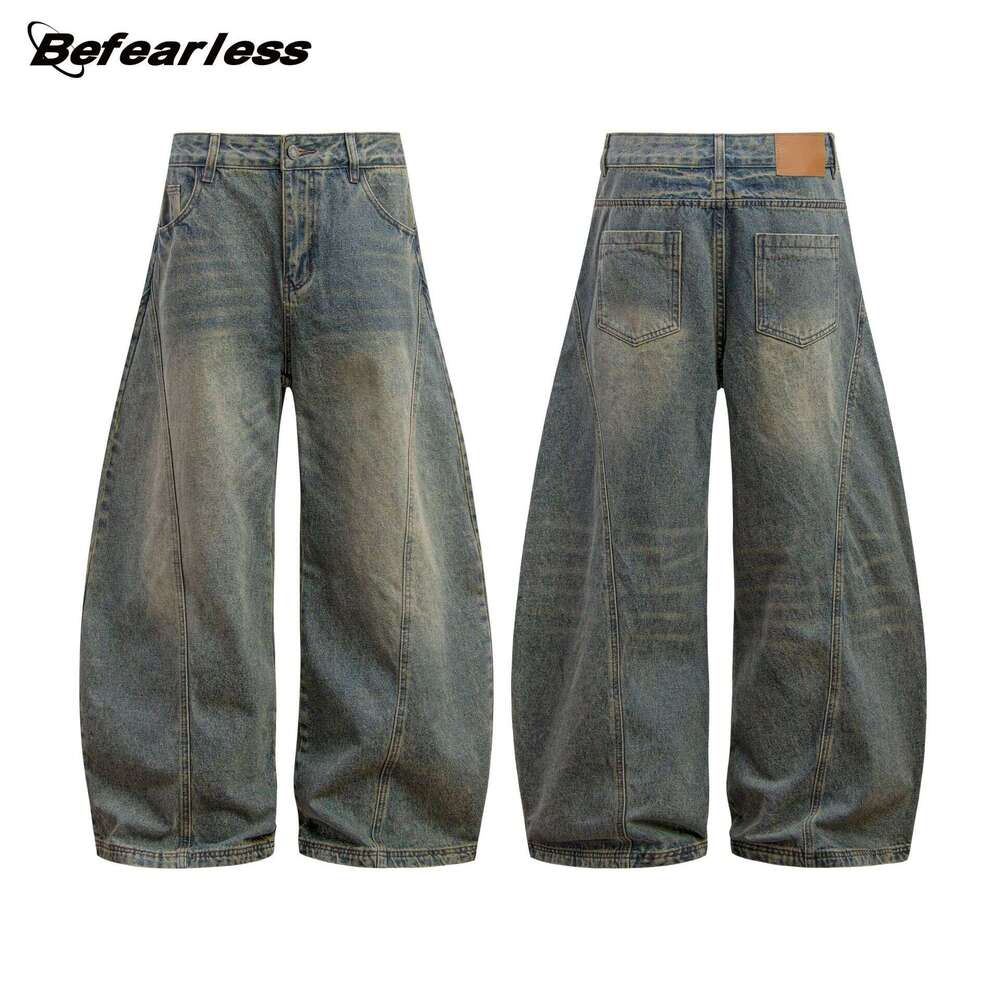 American Style Washed Vintage Scimitar Jeans For Men, Trendy Loose Wide-Leg Design Long Pants, Scythe Pants B5