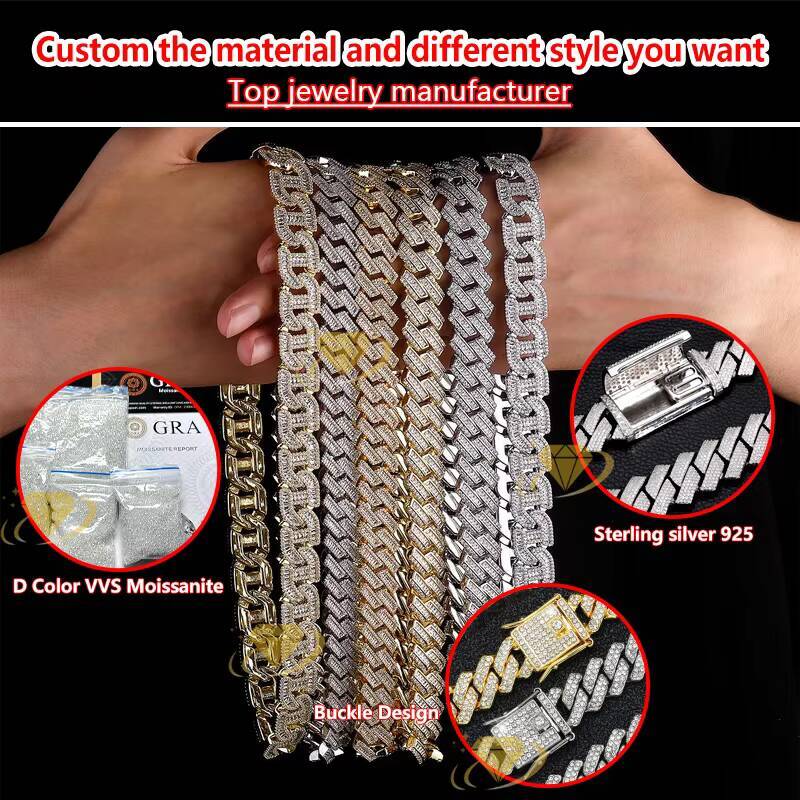 Hot Selling Pass Diamond Tester 925 Silver Moissanite 12mm Cuban Link Two Rows Iced Out 6mm Hip Hop Diamond Cuban Chain