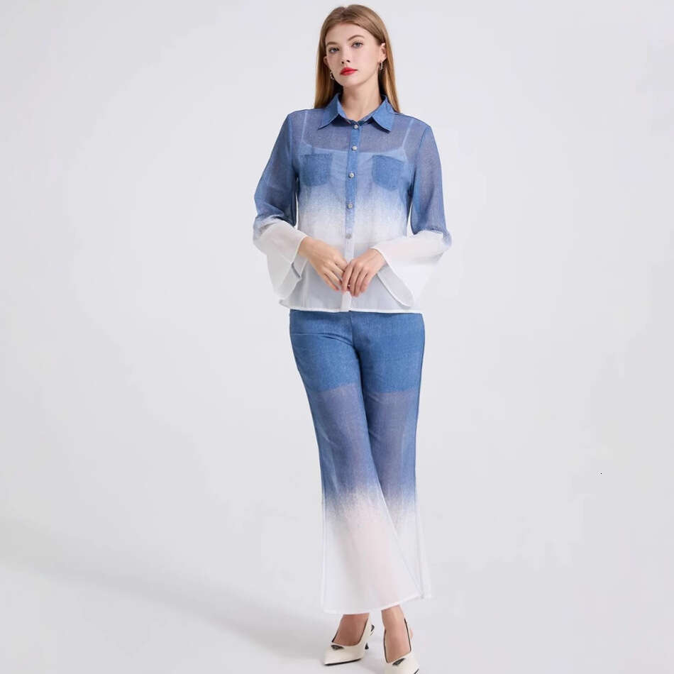 Fashion Gradient Print Shirt Sleeve Chiffon Blouse + High Waist Flared Pants Two-Piece Set
