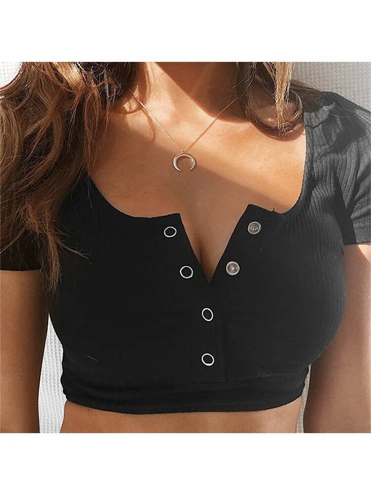 2025 women's short sleeved crop fashion top elegant plain basic style promiscuous women's T-shirt party tight bandage elastic vest T-shirt T