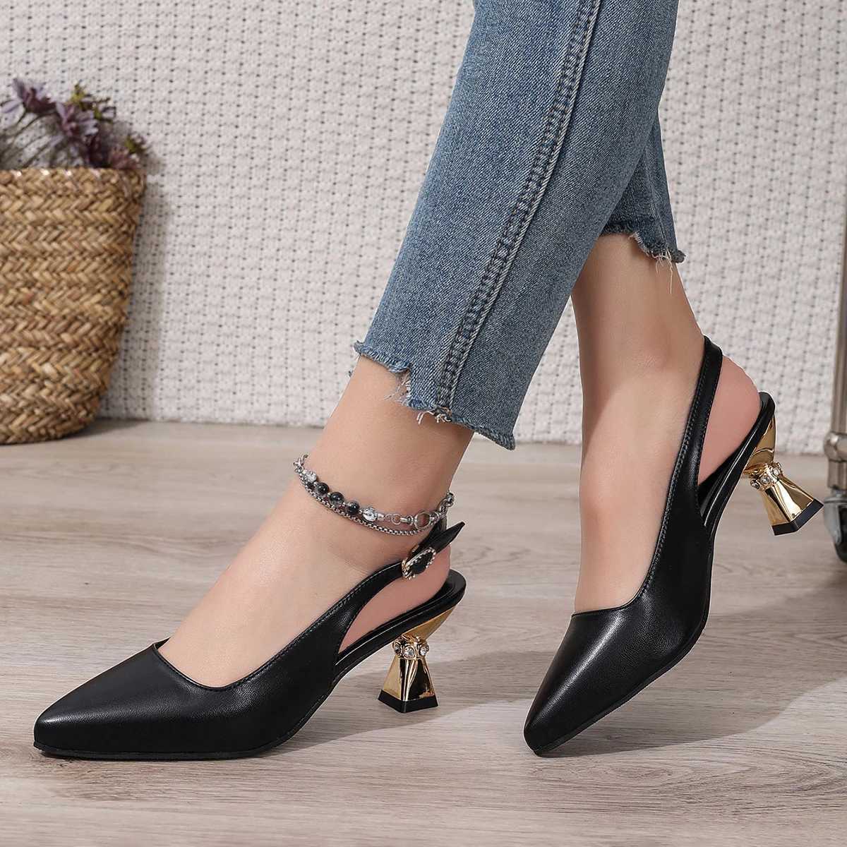 2025 Summer Womens Pu Leather High Heels Pumps Ankle Buckle Thick Heeled Sandals with Crystal Decor Pointed Toe Party Shoes W250814
