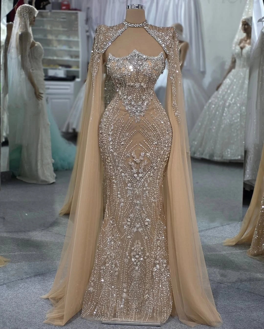 Glamorous Strapless Evening Dresses Sequins Beading Prom Gowns with Cape Crystal Sleeveless Beading Customized Vestidos De Noche Plus Size