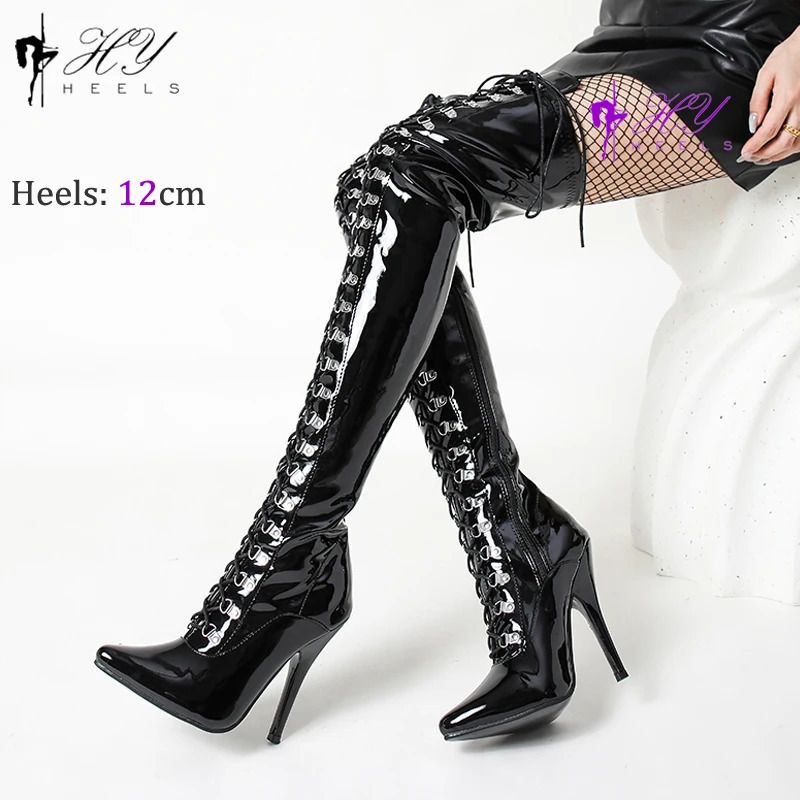 Sexy Black Over-The-Knee 12Cm/5Inchs Thigh High Boots Shiny Leather Long Stripper Women Boots High Heels Shoes Female 250812