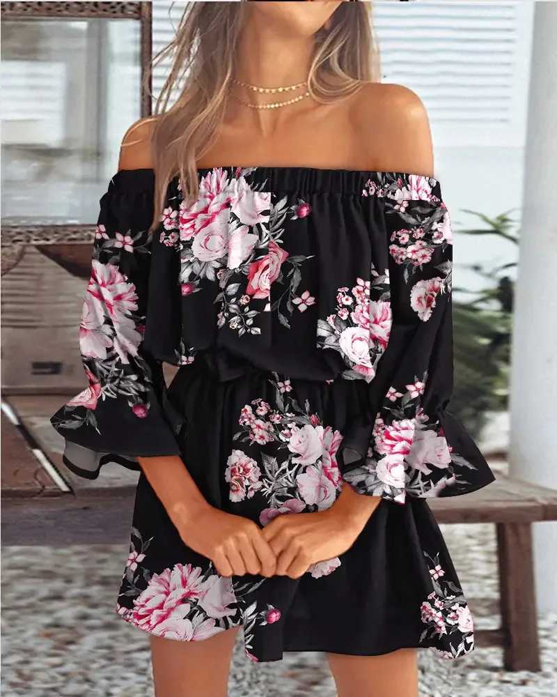 Women Summer Style Mini Dress Lady Casual Slash Neck Half Flare Sleeve Printed Dress Vestidos XJ250814