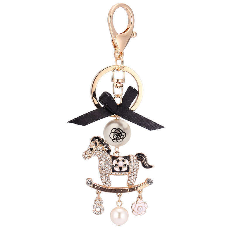 Korean Style New Diamond-Encrusted Carousel Car Pendant Bowknot Pearl Keychain Fashion Bag Accessories