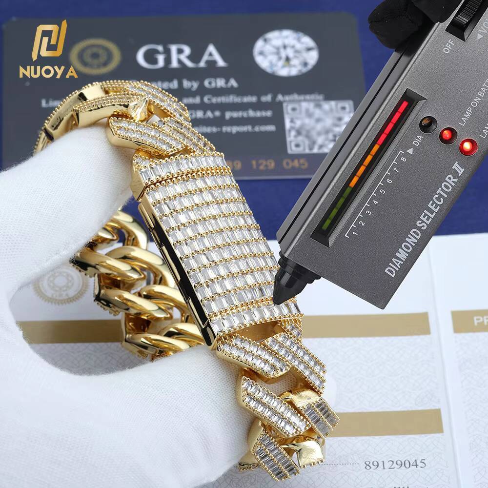 NUOYA Fine Jewelry 20mm 925 Sterling Silver Chunky Cuban Link Chain Pass Diamond Test Baguette VVS Moissanite Necklace Women