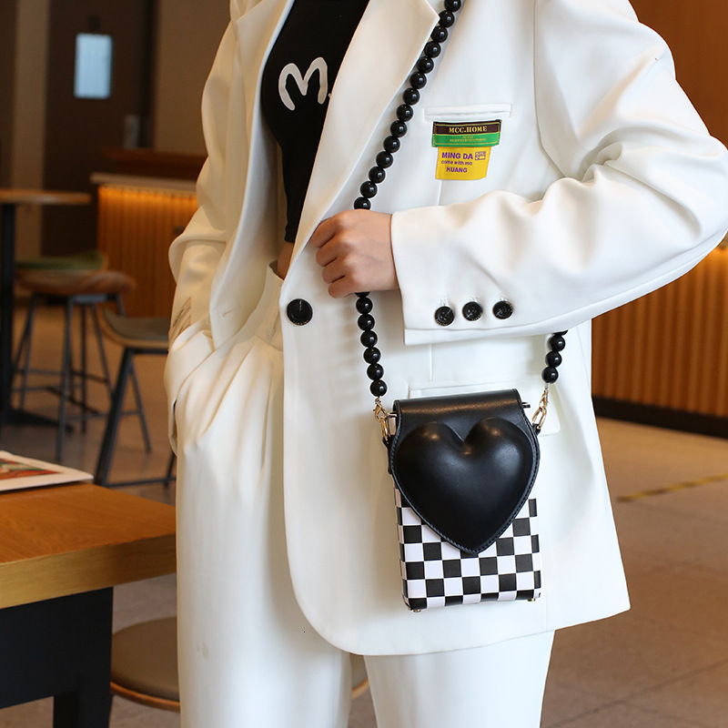 Korean Style Textured Single Shoulder Crossbody Black Peach Heart Phone Simple Versatile Beaded Small Square Bag for Women