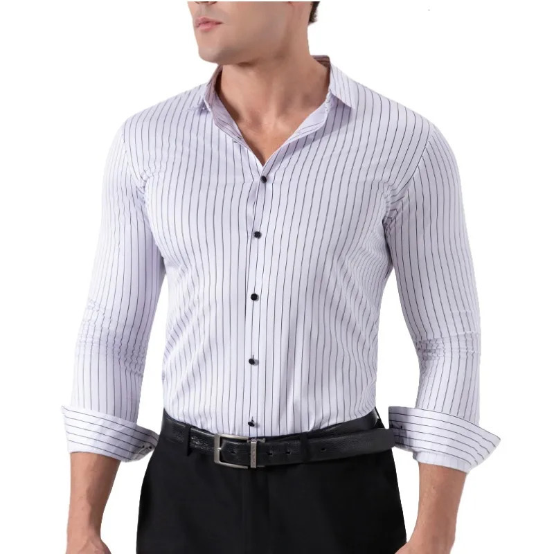 Spring Elastic Striped Shirt Mens Business Casual Shirt No Iron Long Sleeved Seamless Shirt Dress Shirts Basic Tops 250813