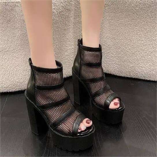 Peep Parker Gothic High Heel Sandals for Women, Zipper Rinse Boots, Breathable Mesh, Waterproof Platform Boot, Summer, Black,