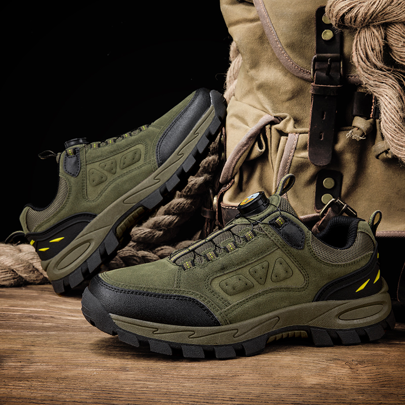Men's genuine leather outdoor mountaineering shoes, summer city camel sports with rotating buttons, no shoelace tying, waterproof travel shoes