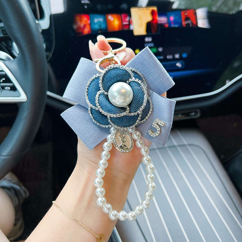 Internet Celebrity Personality Denim Color Bow Camellia Pearl Chain Keychain Car Key Bag Women's Small Pendant