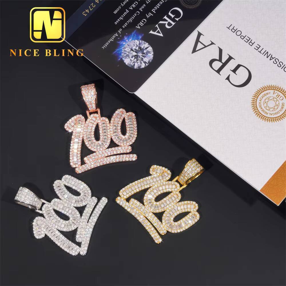 Custom Iced Out Number 100 Hip Hop Moissanite Jewelry Pendant VVS Moissanite 925 Sterling Silver Hip Hop Pendant