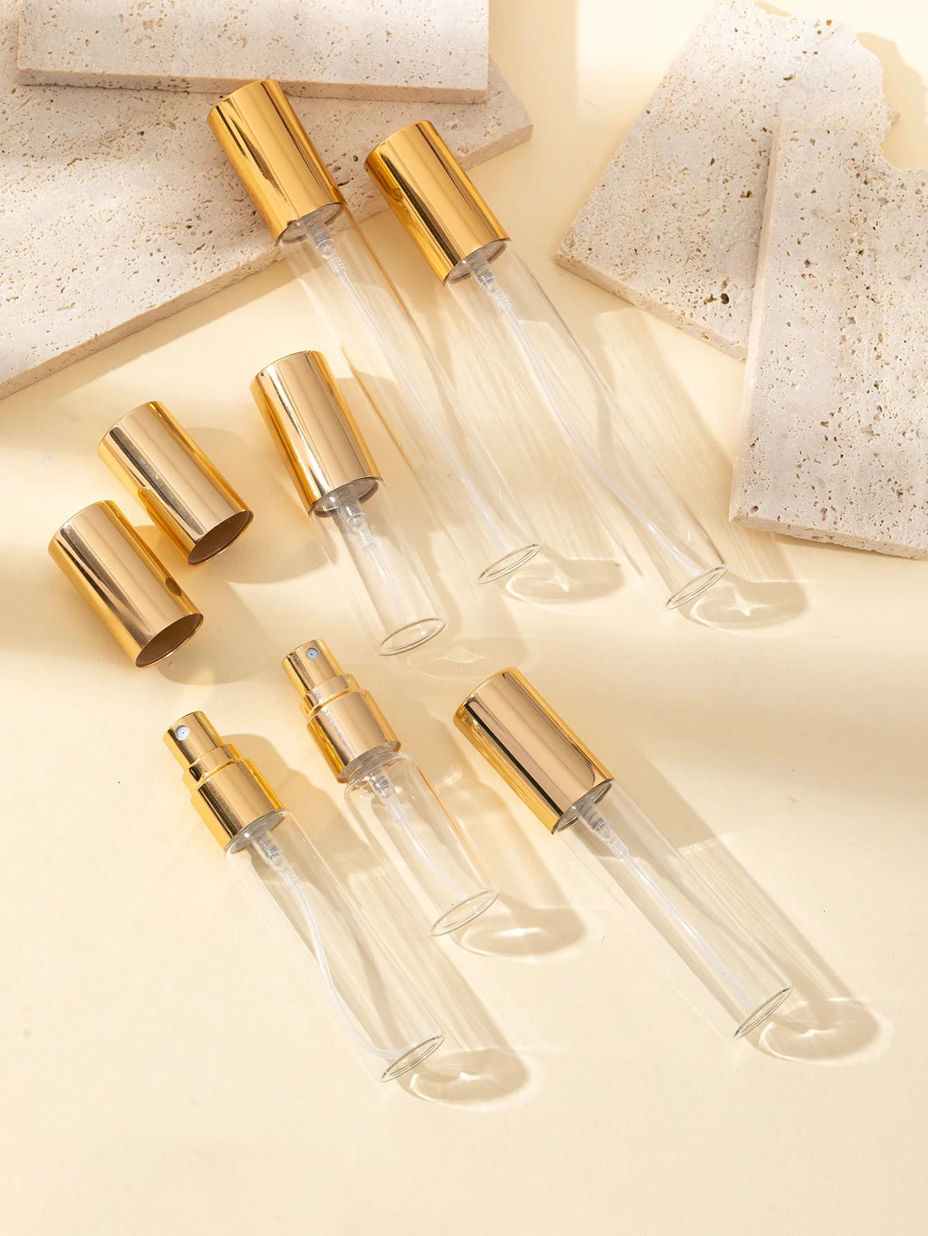 Wholesale 35piece 5ml10ml15ml local tyrant gold transparent glass thickened spray bottle mini perfume bottle travel size 250813