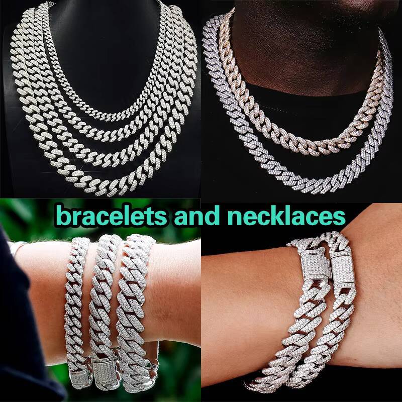 Wholesale Spot 100% RGA Certified 925 Sterling Silver Bracelet 10mm 2rows Moissanite Hip Hop Style Cuban Link Chain Necklace