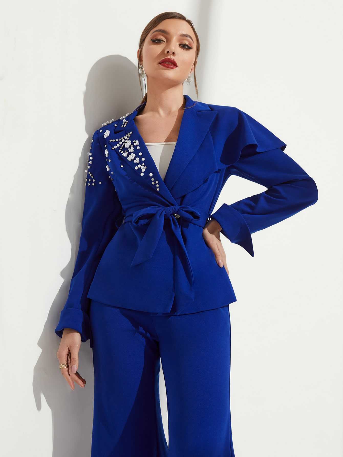 Modern Women Suits 2 Pieces Jacket Blazers Belt Crystal Beadeds Formal Work Wear Customized Plus Size Party Sets Customized