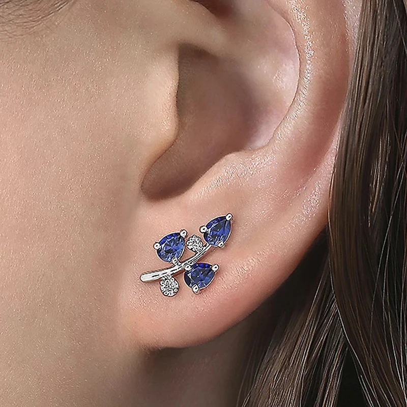 Huitan Leaf-shaped Stud Earrings with Blue Cubic Zirconia Delicate Ear Piercing Accessories for Women Trendy Girl Jewelry 250812