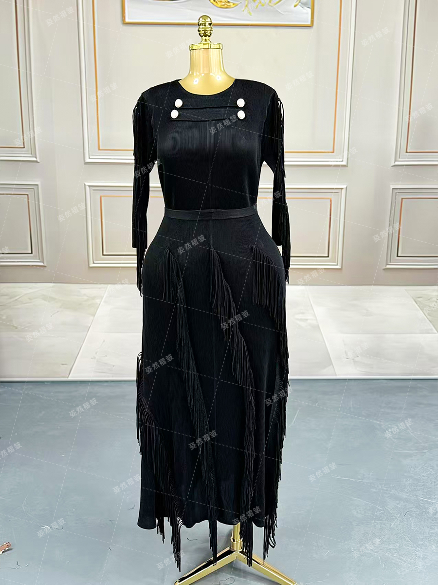 Women's Dresses Chic Floral Patterned Long Sleeve Gown with Decorative Fringe Accents 25102