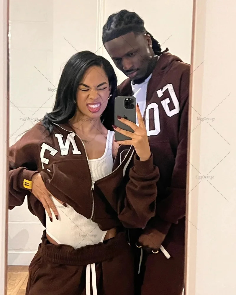 High Street Trendy Streetwear Mens Suit Two-piece Set Retro Harajuku Y2K Brown Hoodie Casual Baggy Sweatpants Jogger Women 250813