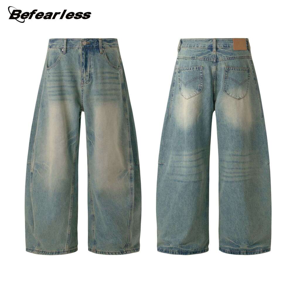 American Style Washed Scimitar Jeans Unisex Trendy Loose Wide-Leg Banana Casual Pants B5
