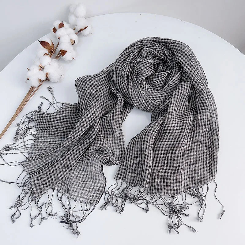 Spring/Summer Small Plaid Tassel Linen Scarf 250808