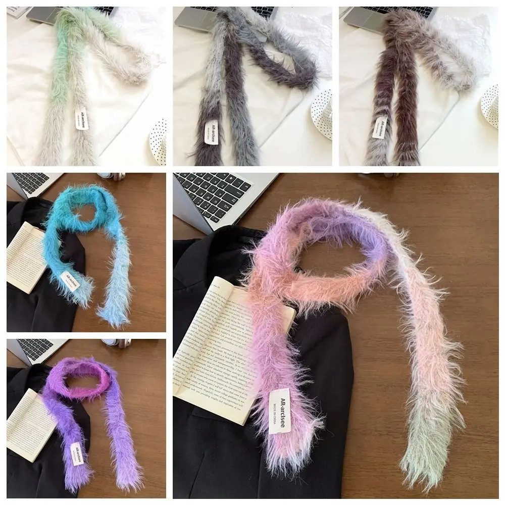 Sweet Korean Style Y2K Thin Scarf Rainbow Color Soft Long Narrow Scarves Faux Fur Neck Warmer Harajuku Plush Scarf Female 250808