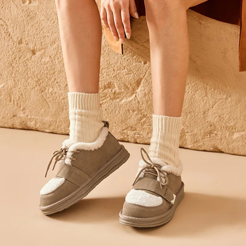 BEAUTODAY Furry Flats Women Cow Suede Round Toe Solid Color Hook Loop Lace-Up Winter Ladies Warm Shoes Handmade 27843 250809