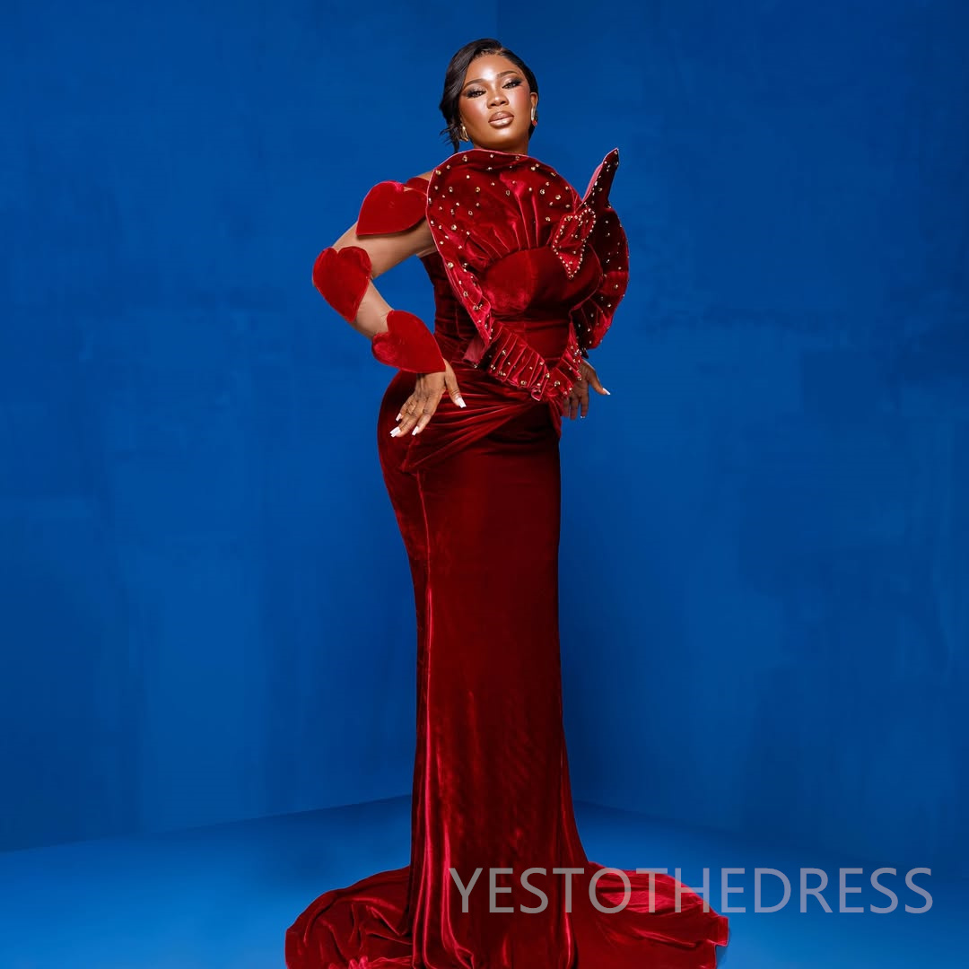 2025 Mermaid Dark Red Prom Dresses For Black Women Aso Ebi Heart Neckline Velvet Birthday Dress Second Reception Gown AM2634