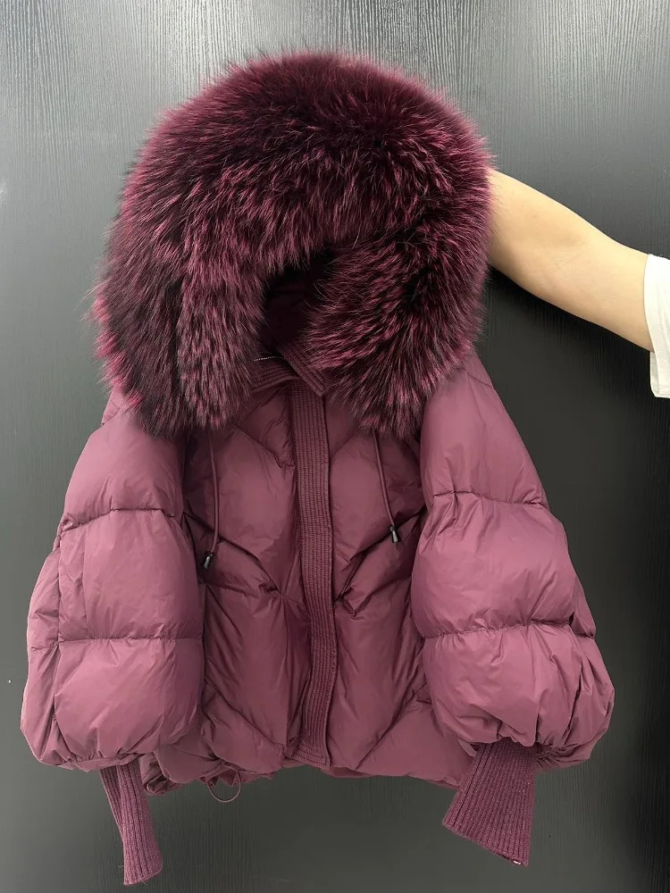 OFTBUY Winter Large Fur Hooded Puffer Jacket Women Thicken Warm Knitted Sleeve Coat White Duck Down Mid Long Parka 250811