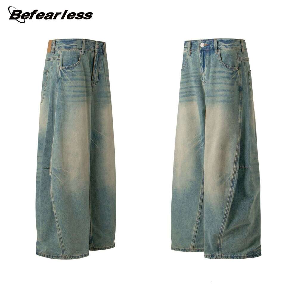 American Style Washed Scimitar Jeans Unisex Trendy Loose Wide-Leg Banana Casual Pants B5